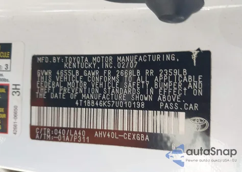 2007 Toyota Camry Hybrid from USA, damaged, VIN 4T1BB46K57U010198